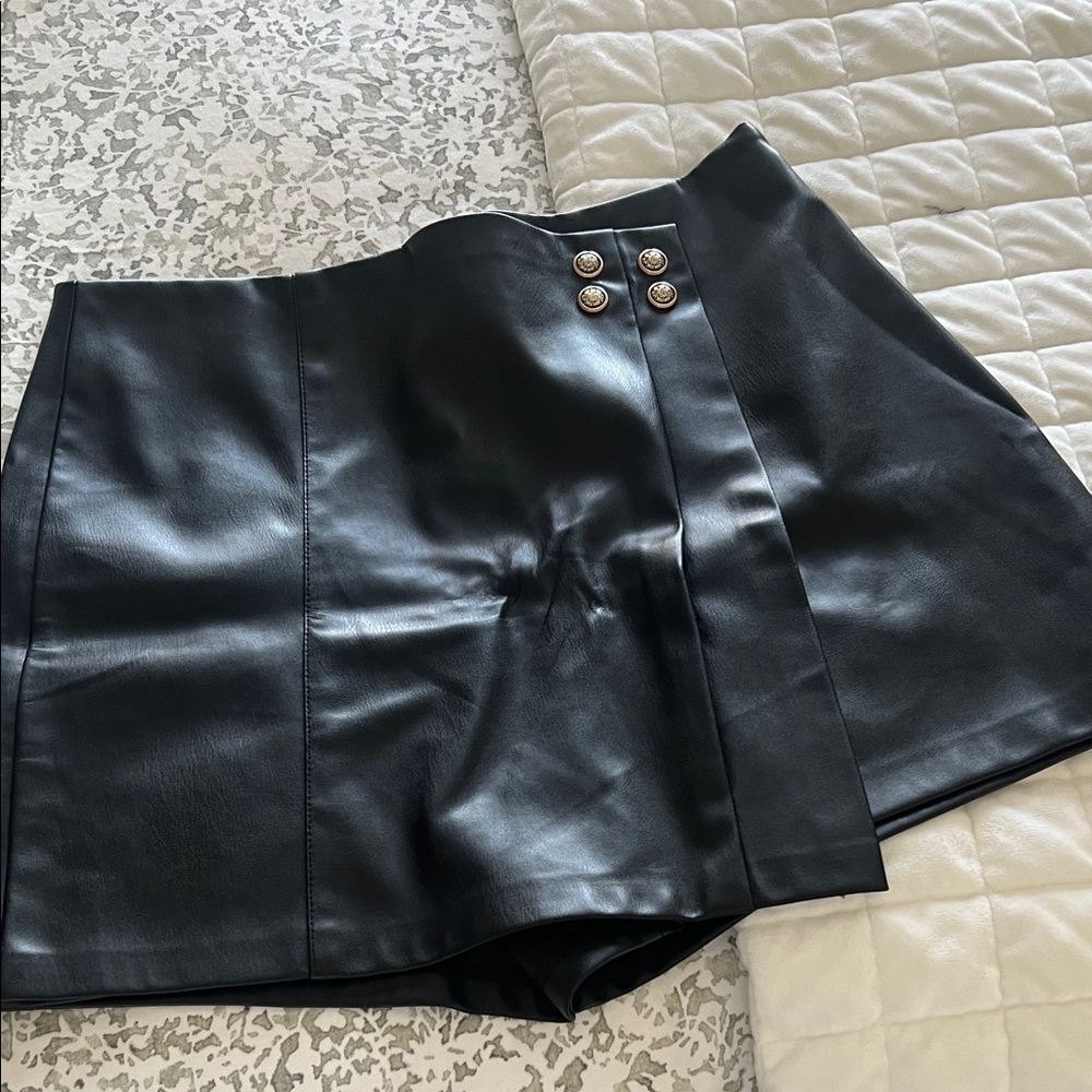 Zara Black Faux Leather Skort with Gold Buttons